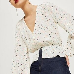 Topshop Sprinkle Cream V-Neck Peplum Blouse with Multicolor Dot Print